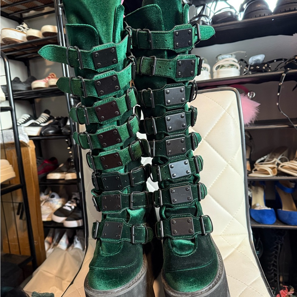 Swing-815 Demonia Green Velvet Buckle Boots - image 1